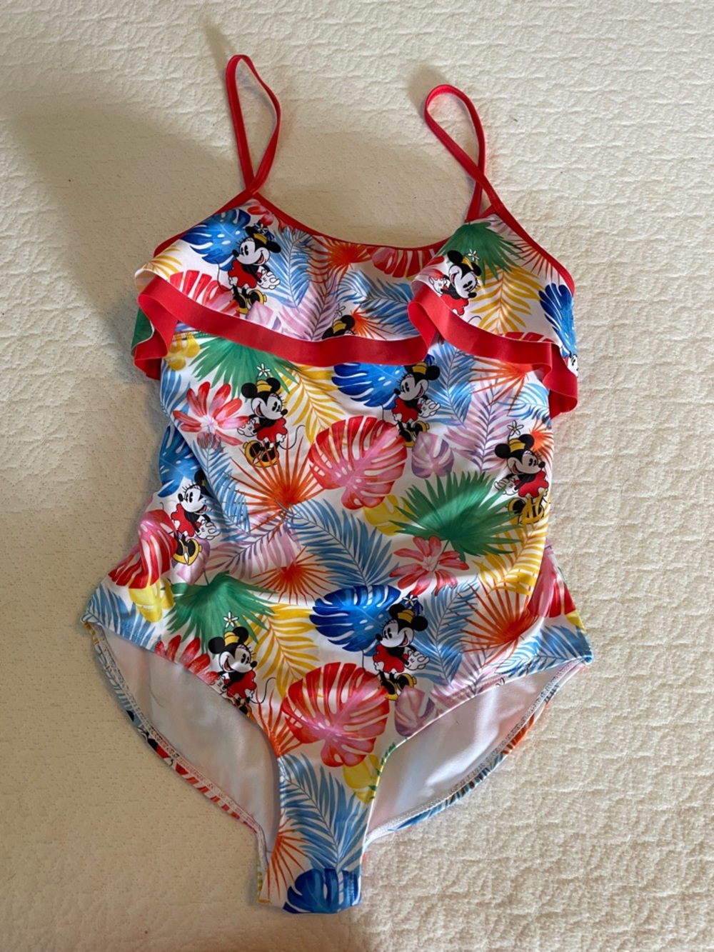 Disney Girls' Minnie Mouse Tropical Leaf One-Piece Swimsuit - Red Trim
